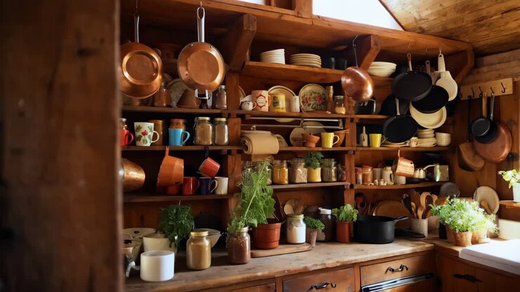 Rustic Wooden Kitchen with Copper Pots and Vintage Dishes