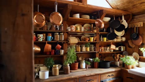 cocina rústica de madera con ollas de cobre y platos antiguos