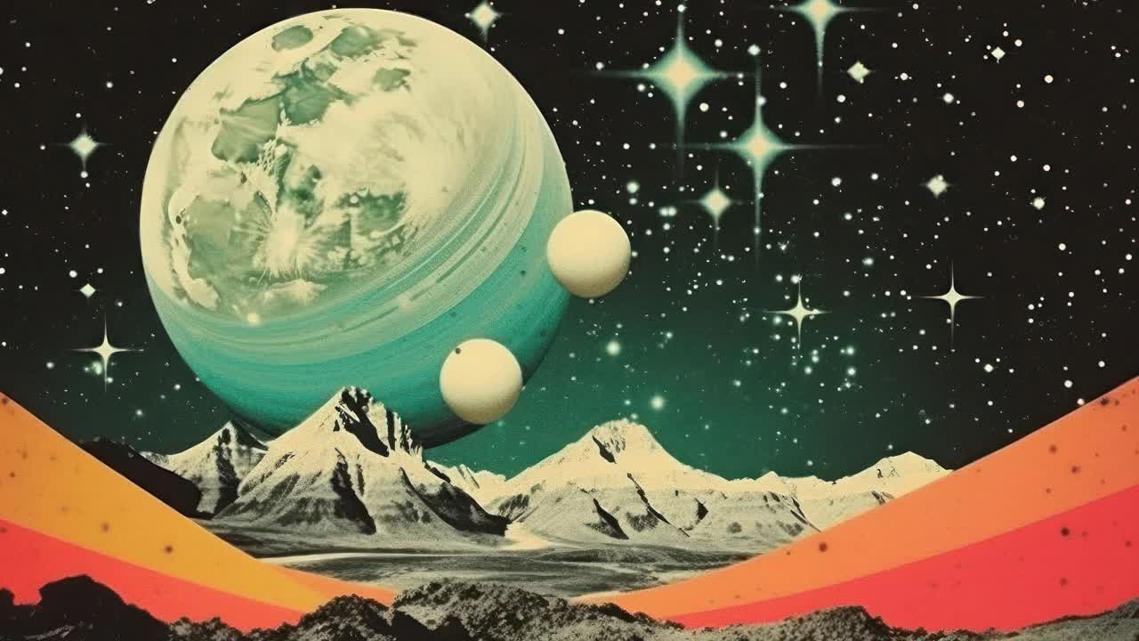 Surreal retro-futuristic video concept with a low-angle view of a cosmic landscape