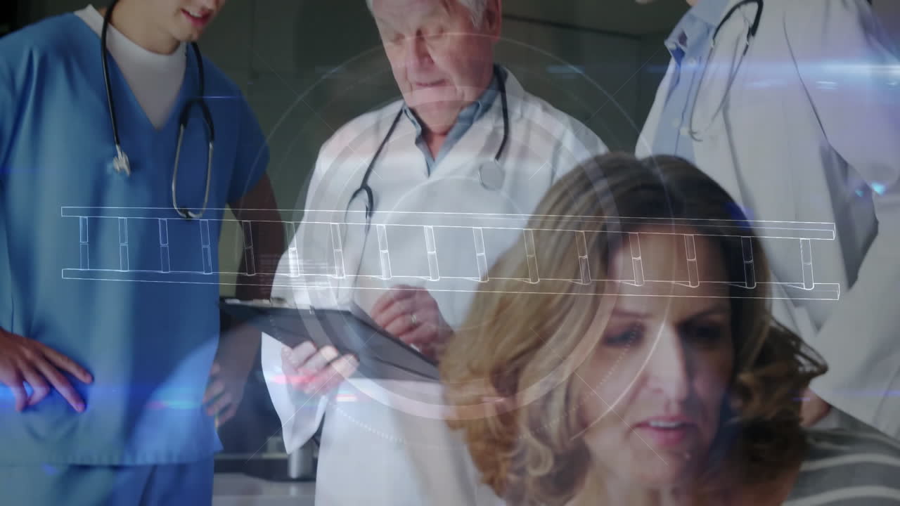 Discussing futuristic data visualization, medical professionals using digital interface technology