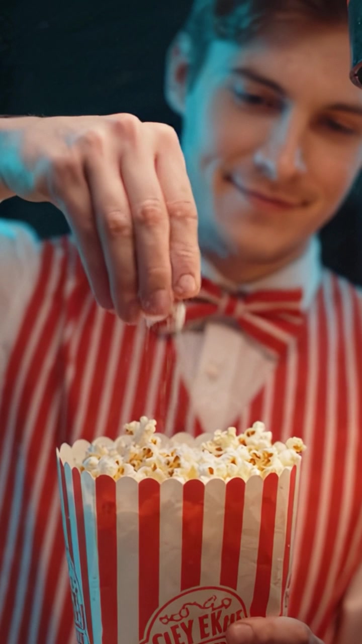 Junger Mann in einer gestreiften Vintage-Uniform serviert köstliches Popcorn, schöpft es freudig aus einer großen Box und hebt die Begeisterung für Kinoleckereien hervor.