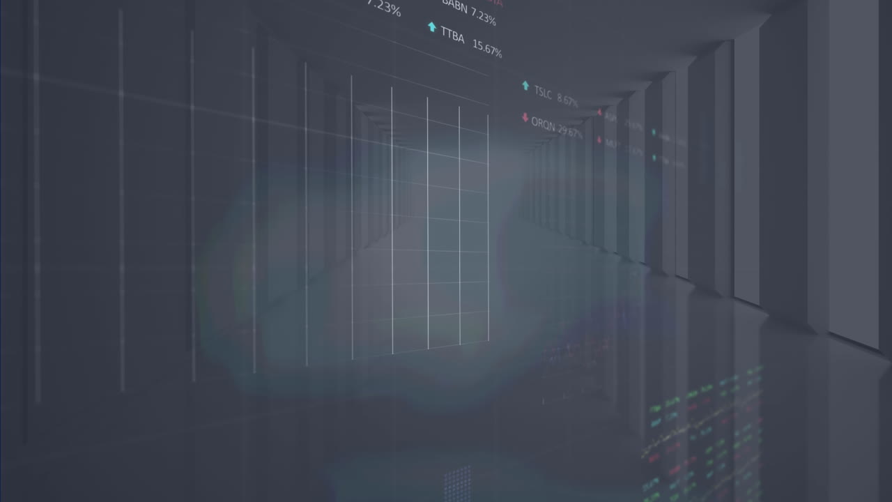 Animation of statistical and stock market data processing against computer server room