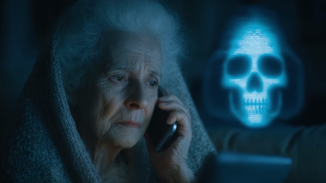 Une femme âgée en détresse passe un appel téléphonique tandis qu'un crâne numérique effrayant plane en arrière-plan, évoquant peur et suspense