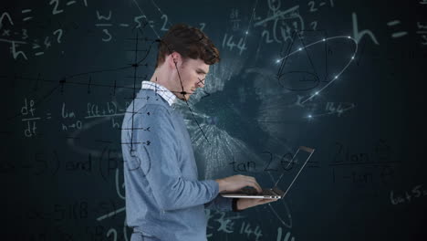 animation of mathematical equation, illuminated shield around globe, caucasian man using technology