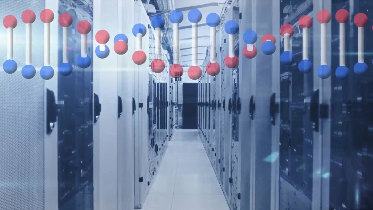 컴퓨터 서버와 함께 기술 방에서 dna 가닥 회전과 데이터 처리의 애니메이션