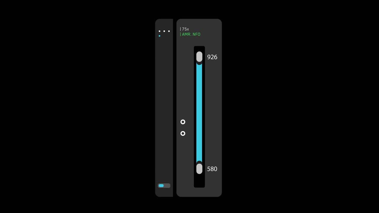 Animated futuristic user interface with vertical fader or slider controlling fluctuating data values on a black background. Sci-fi HUD element for control panels.