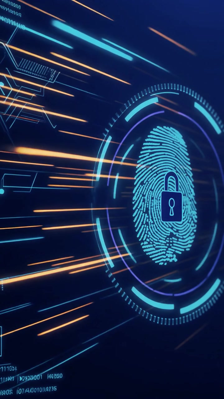 Digital Fingerprint Scanner with Security Lock Icon on Futuristic Interface