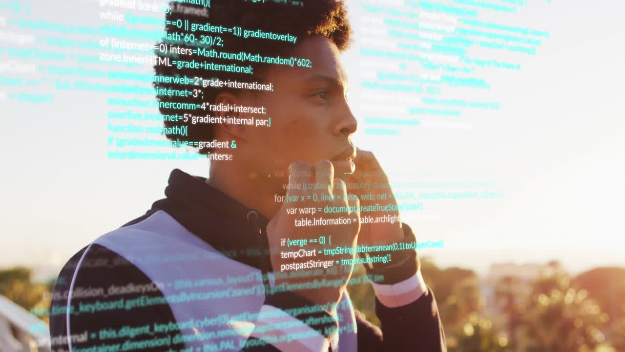 Animation of financial data processing over man using earphones during exercise