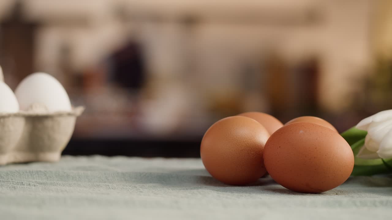Happy Easter holiday. Chicken eggs close-up. Preparing for Easter, painting and decorating eggs. Christian celebration, family traditions.
