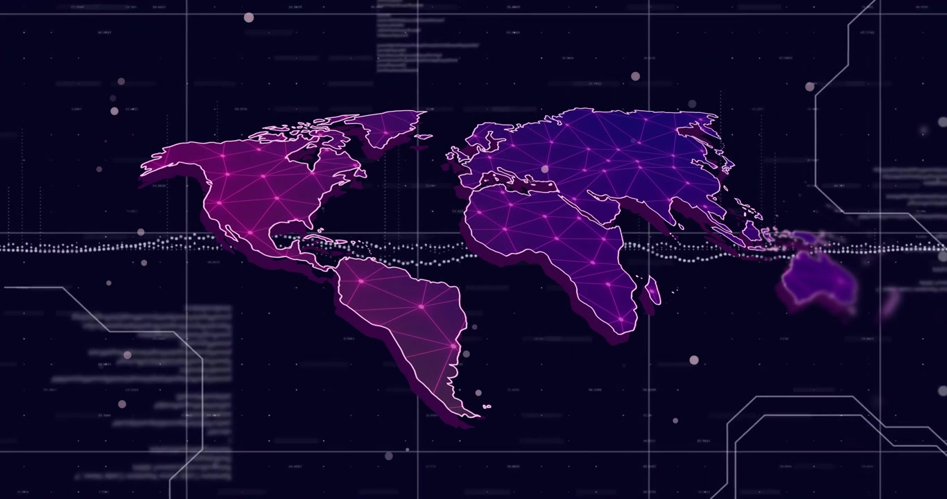 World map with network connections and data points animation over dark background
