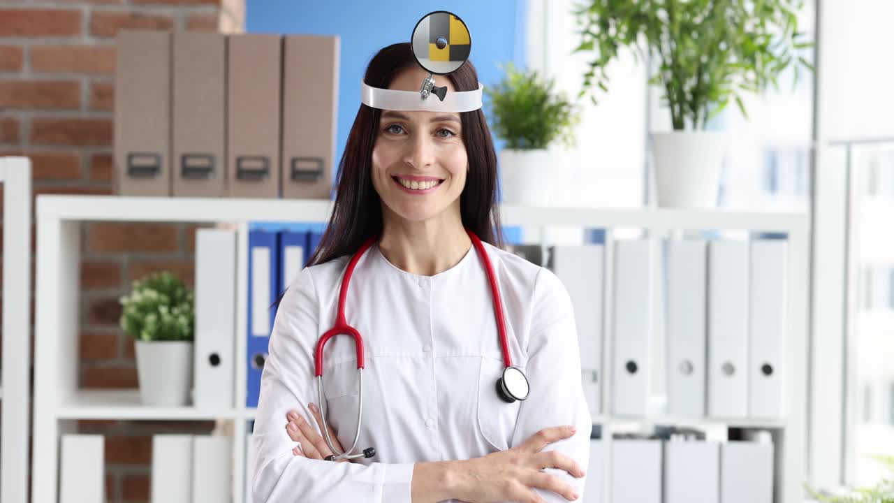 Retrato de médica sonriente con reflector frontal en la cabeza, video 4k a cámara lenta.