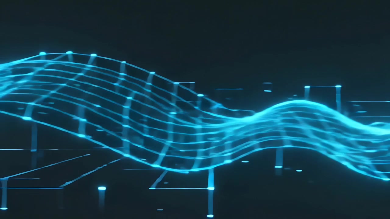 Entering left edge neon-blue waveform evolving into mesh across data space, visualizing data flow