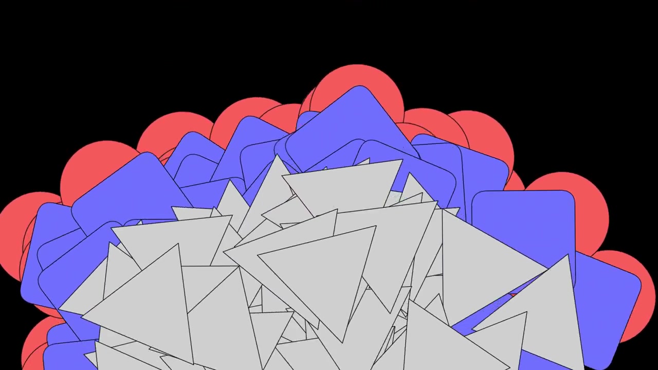 Black background with moving triangles, squares and circles