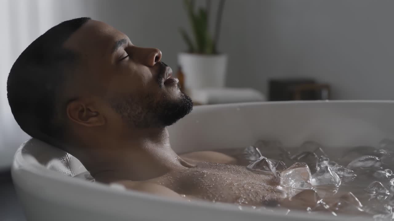 Close-up video of a man relaxing in an ice bath, shot from a side angle for a serene feel
