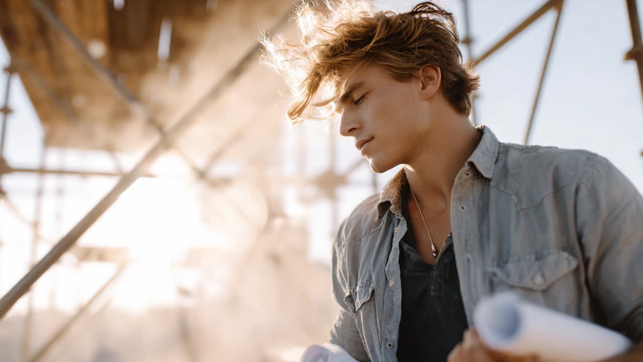 Man looking at blueprints on a construction site