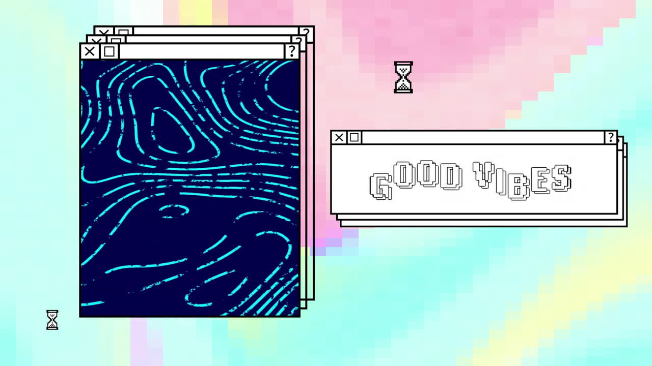 Animation of digital interface with good vibes text and blue lines on colourful background