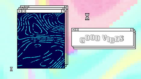 animation of digital interface with good vibes text and blue lines on colourful background