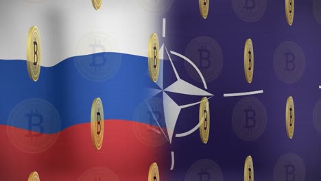 animación del símbolo de bitcoin sobre la bandera de rusia y la otan
