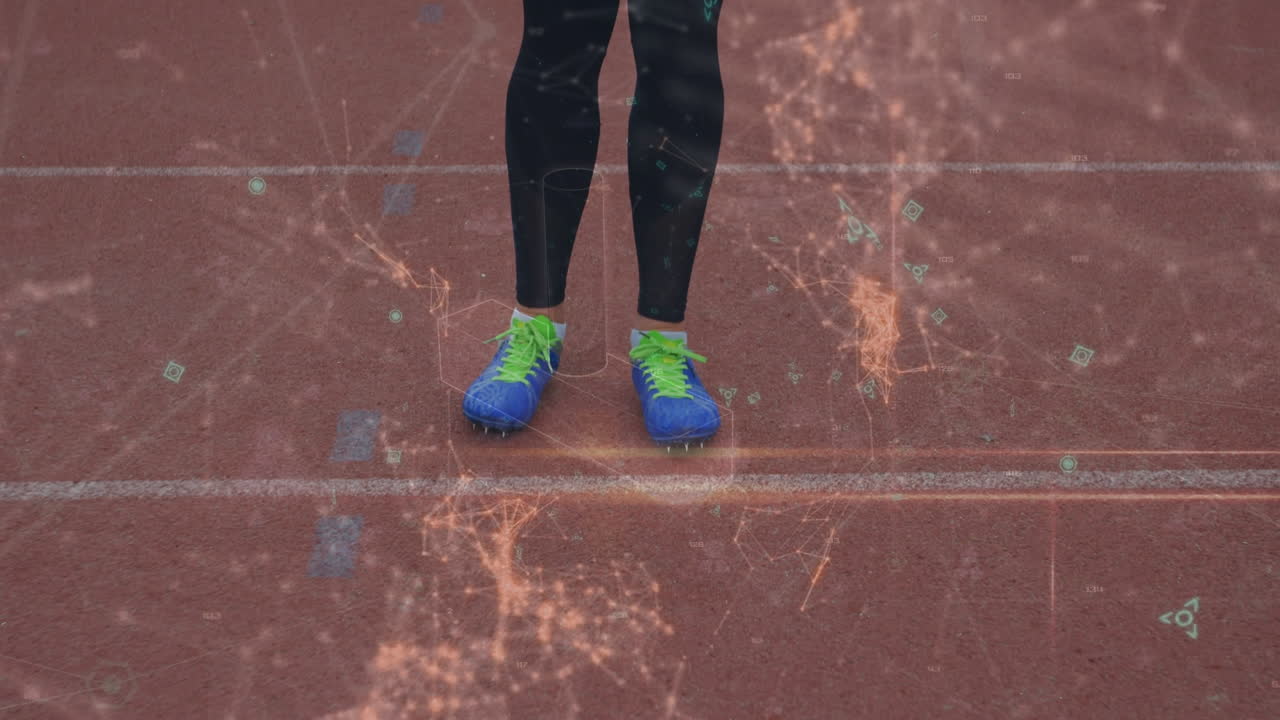 animación de líneas abstractas que se mueven sobre la sección baja de las piernas caucásicas que se estiran en el suelo