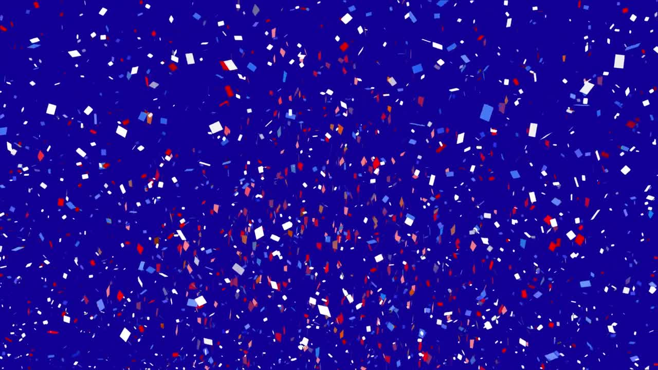 파란색 배경 위에 떨어지는  ⁇ 색, 파란색, 빨간색 콘페티의 애니메이션