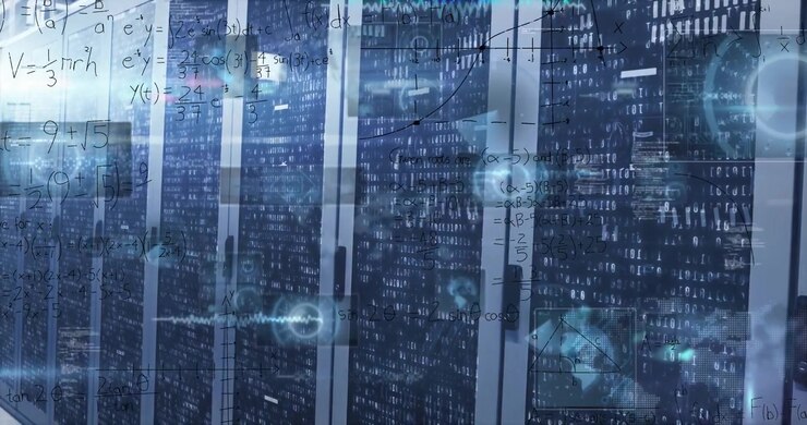 Animation of radars, infographic interface and lens flare over server room in background