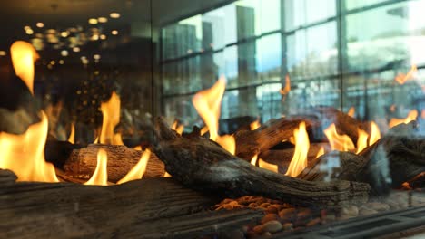 flames from gas fireplace in fancy glass display - closeup