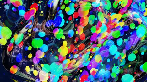 fondo en bucle abstracto de superficie brillante brillante como líquido transparente ondulado con círculos de color arco iris flotan como gotas de pintura en aceite. hermoso fondo creativo con gradiente de color en 4k. 3d