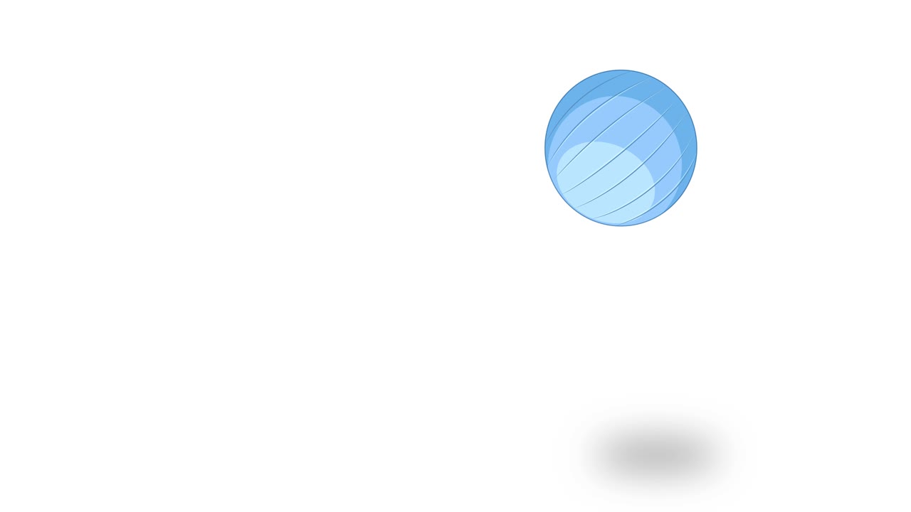A light blue ball bounces dynamically across a clean white background, casting soft shadows and demonstrating smooth, cartoon-style motion with elastic squash and stretch