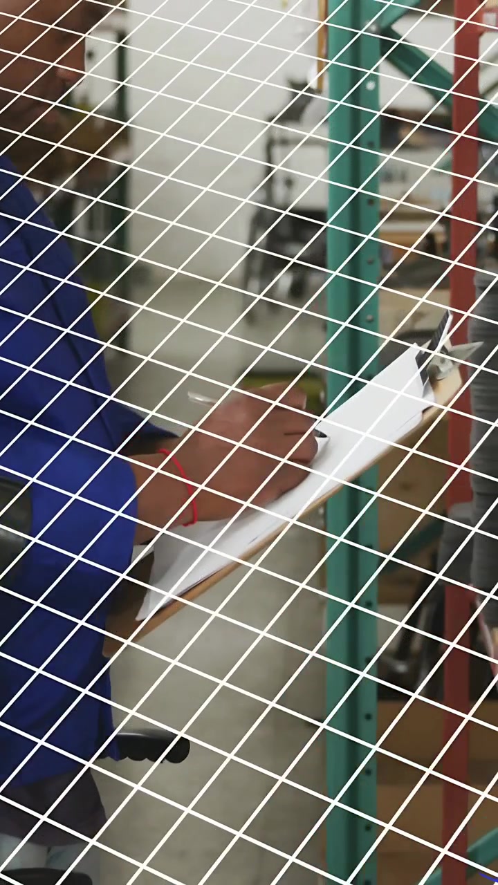 Vertical video: Worker shifting clipboard in storage, starting blue bars, pie and grid for stock
