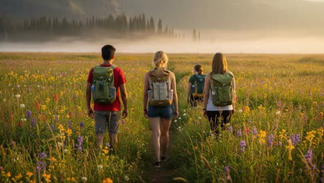 group of hikers exploring a lush meadow at sunrise with colorful wildflowers and misty mountains in the background, embracing nature's tranquility and adventure