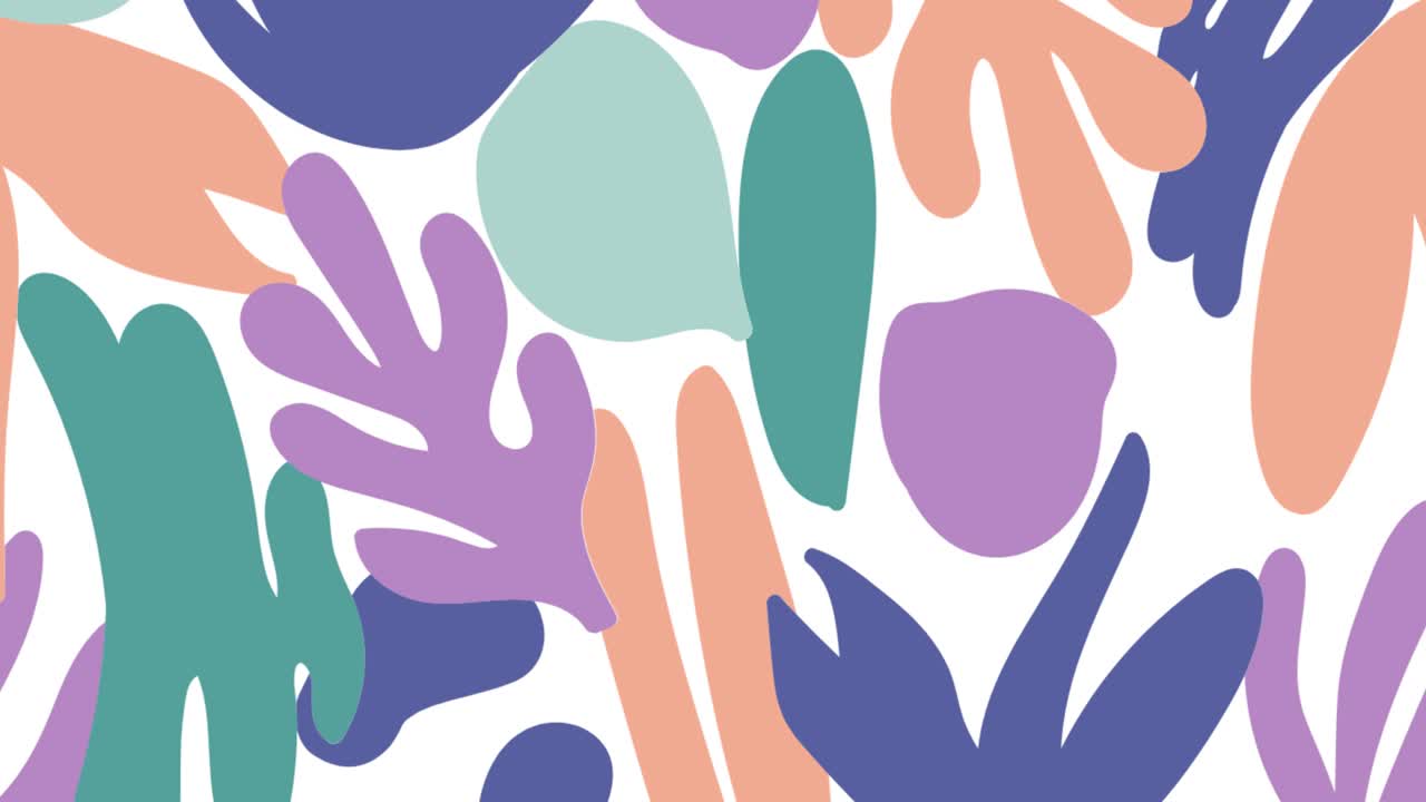 animación de hojas dibujadas multicolores que se mueven sobre un fondo blanco