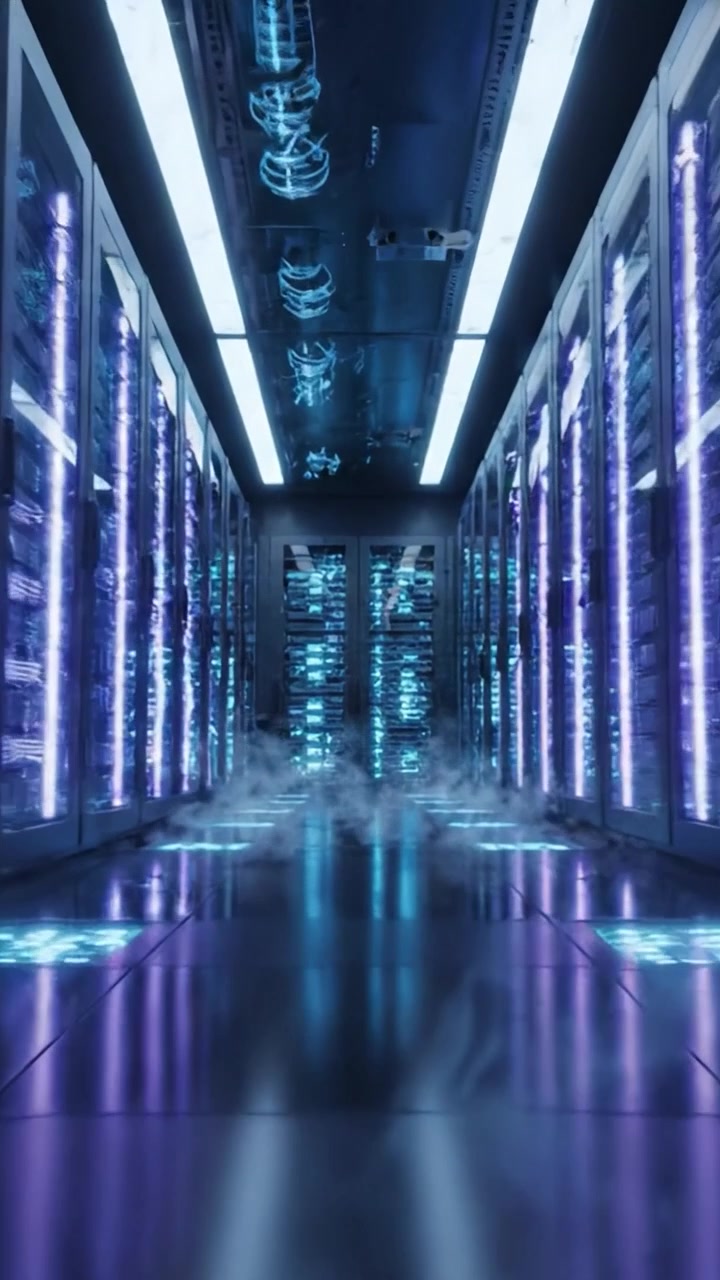 A Glimpse Into a Futuristic Data Center: Cutting-Edge Server Racks Surrounded by Mist and Illuminated with Striking Neon Lights, Showcasing Advanced Technology