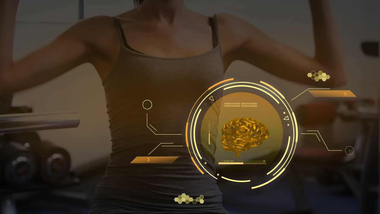 체육관에서 운동하는 백인 여성에 대한 데이터 처리의 애니메이션