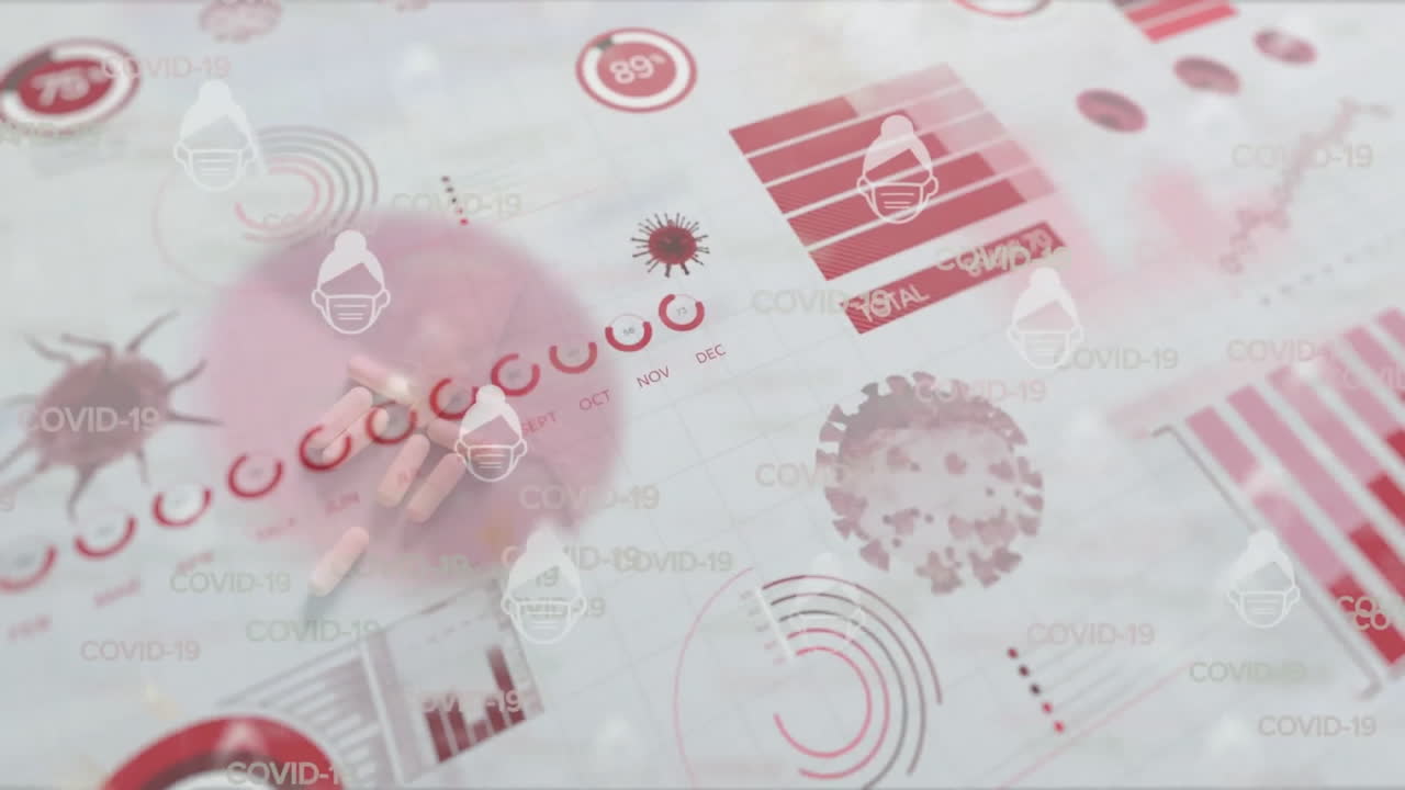 백색 배경에 데이터 처리를 통해 얼굴 마스크와 바이러스 세포를 가진 머리의 애니메이션