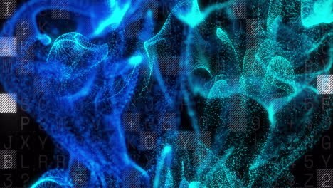 Animation of blue spots over data processing on black background