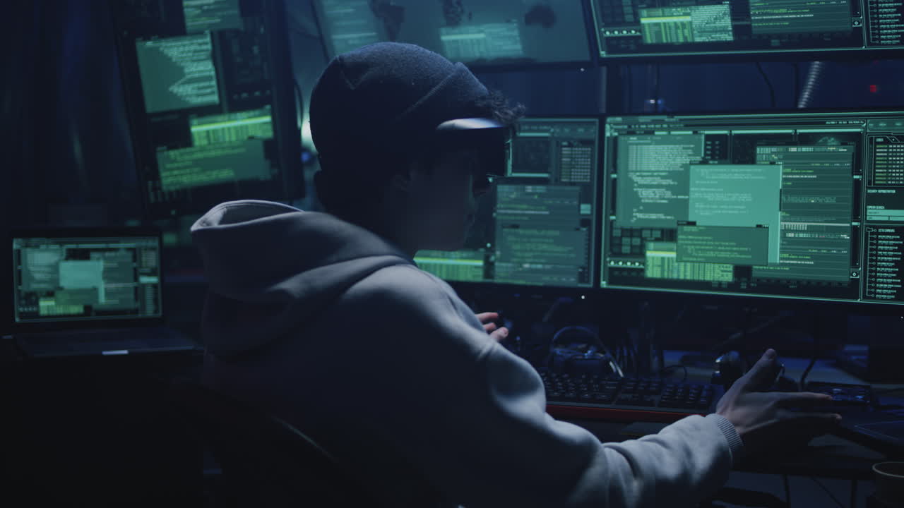 Hacker working in a dark room with multiple computer screens displaying code and data
