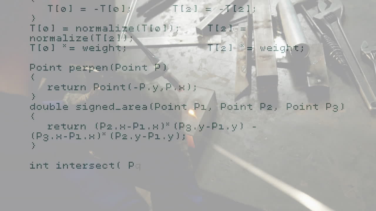 developer writing code overlaying metalworking bench, highlighting technology manufacturing synergy