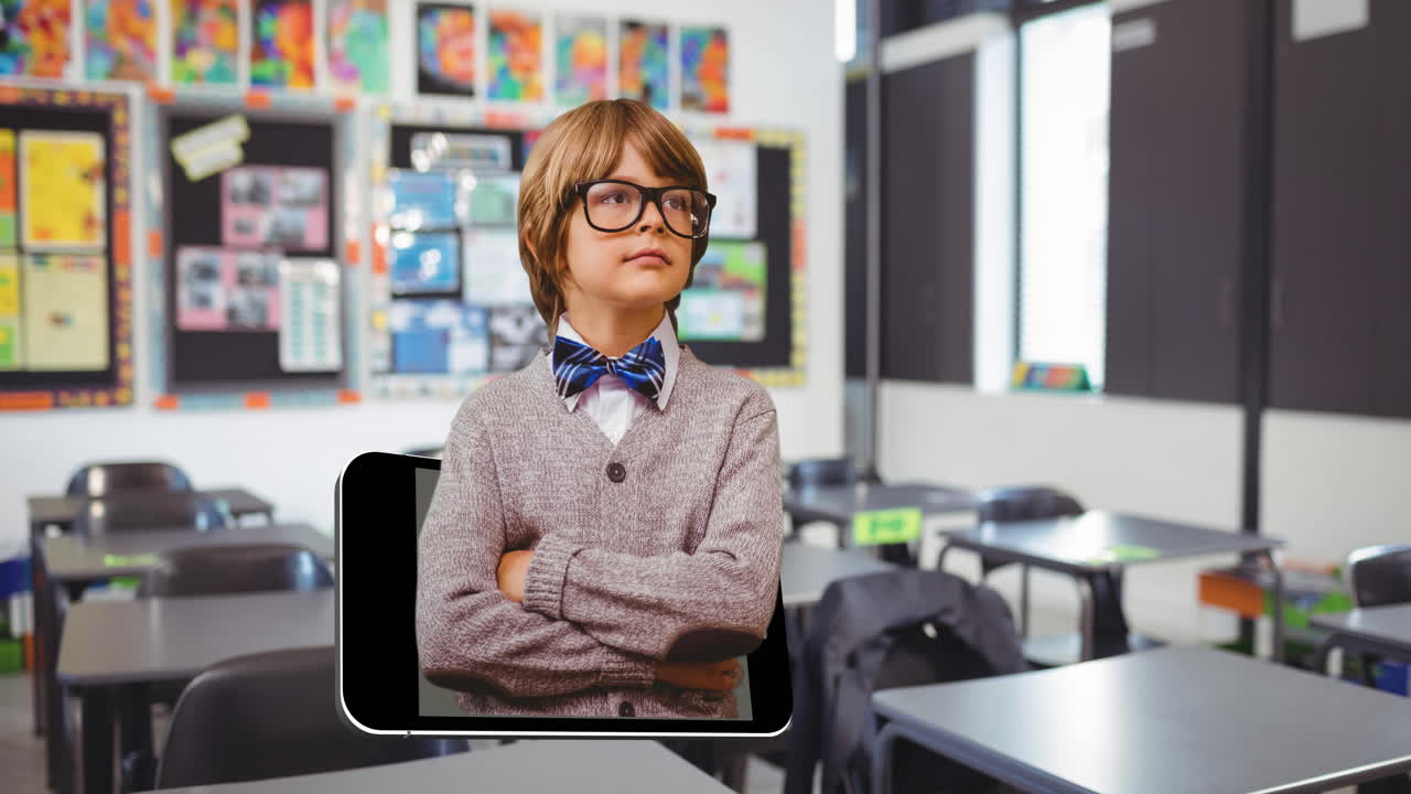 Animation of schoolboy emerging from smartphone screen over school classroom