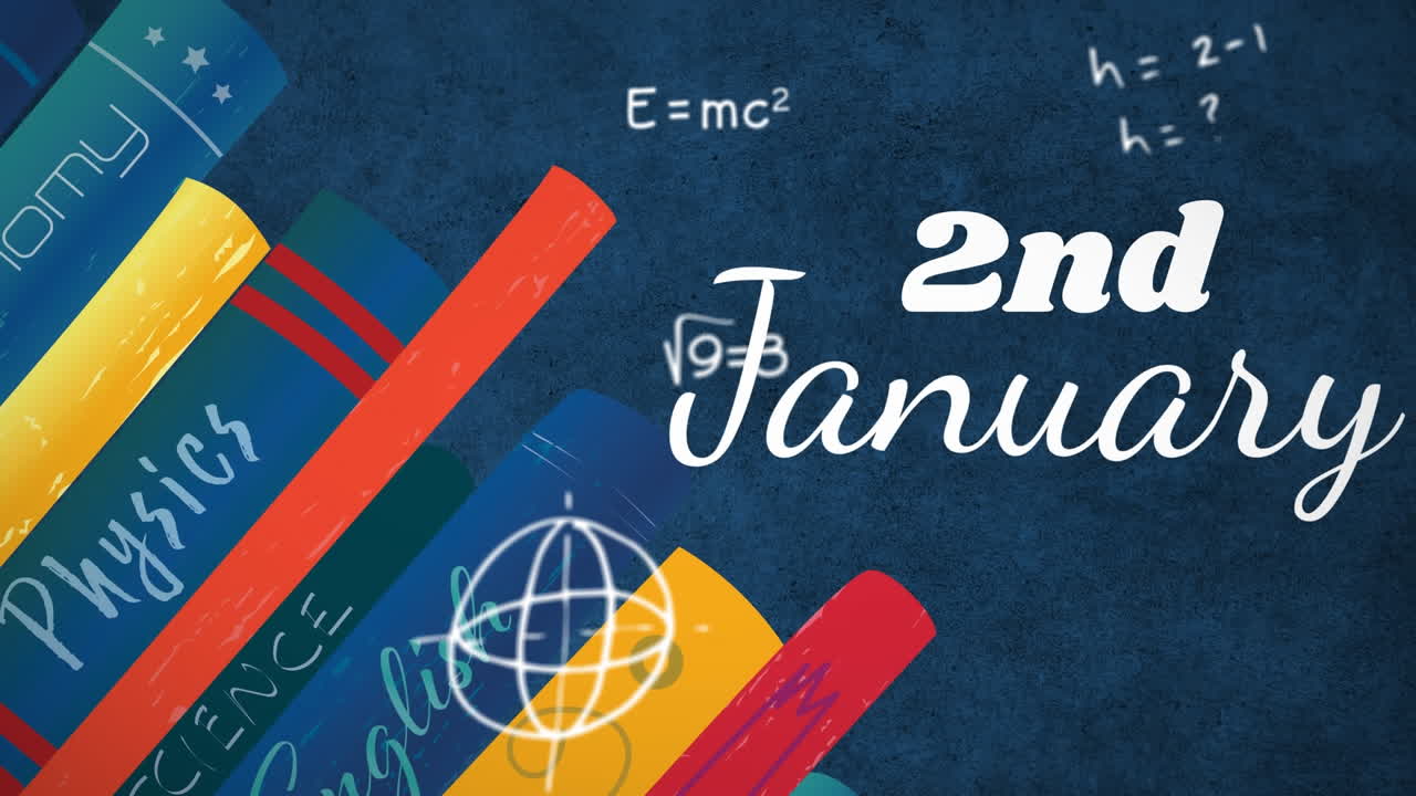 Animation of 2nd january text over mathematical equations on blue background