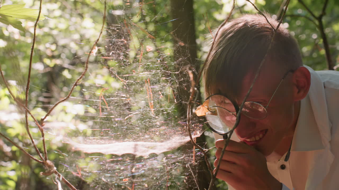 Biologist in white coat closely observing spider web with magnifying glass in dense forest environment, examining fragile cobweb illuminated by sunlight for ecological and scientific research study