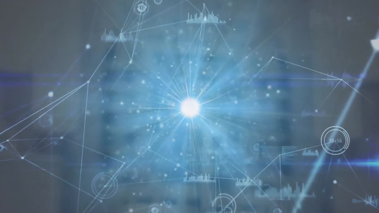 연결 네트워크 및 데이터 처리의 애니메이션은 밝은 빛의 반점에 대해 회전합니다.