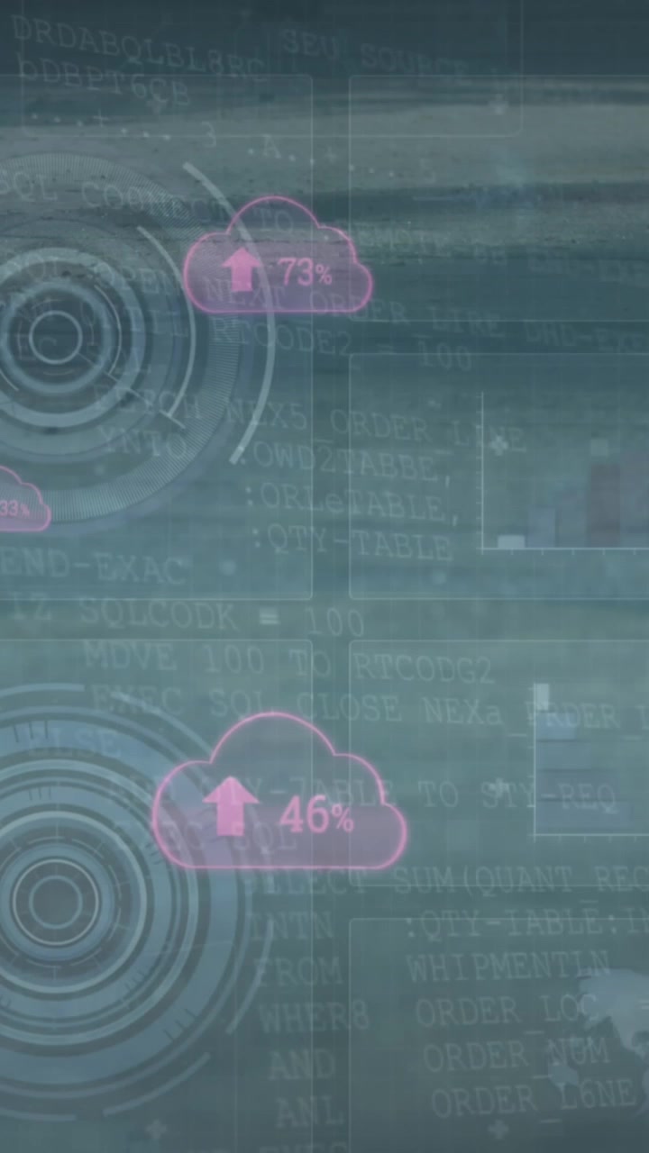Animation of changing numbers with up arrow in clouds, circles, graph, globe on abstract background