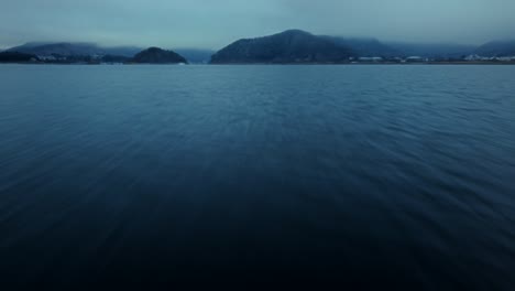 calm water scene with mountains and sky