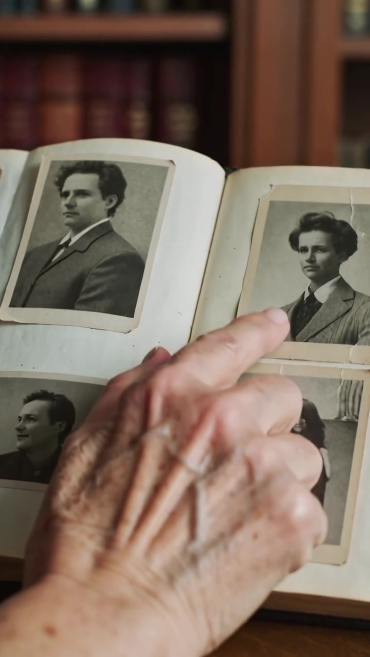 Vertical video: Tracing senior hand starting low sliding on album at desk touching pics remembering