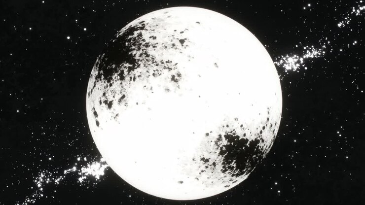 Iniciando a captura, câmera enquadrando a lua brilhante e craterada, registrando detalhes da superfície no espaço, com uma faixa estelar.