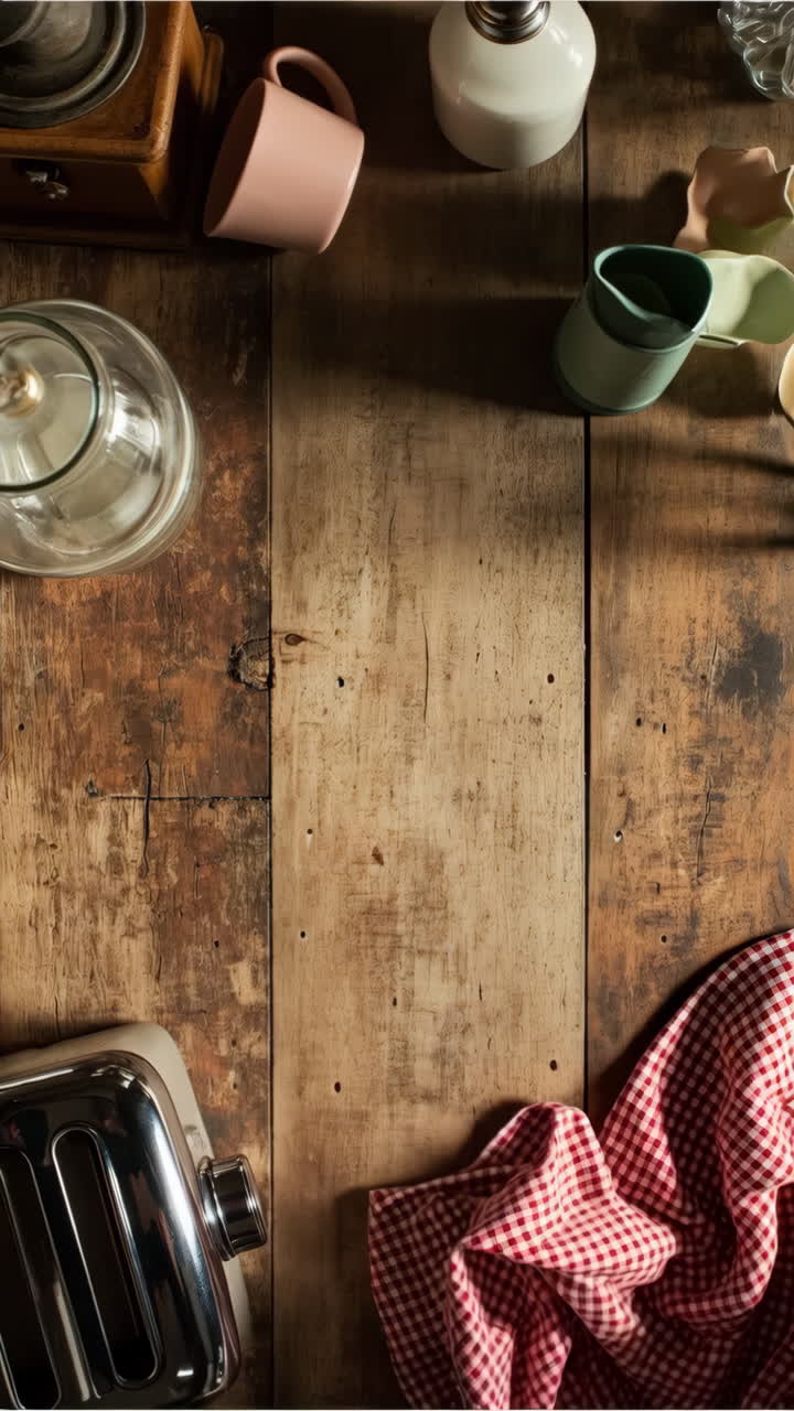 Rustic Kitchen Table with Assorted Utensils and Empty Space