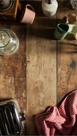 rustic kitchen table with assorted utensils and empty space