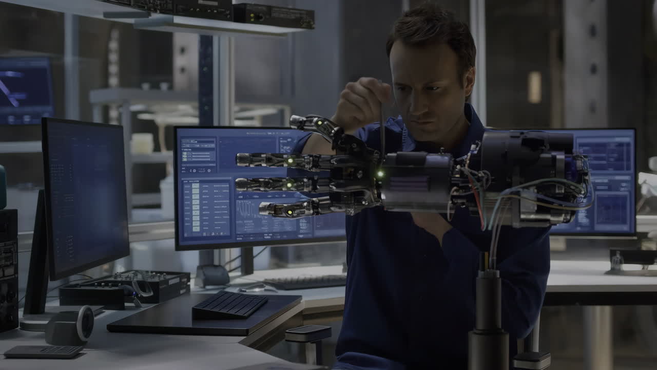 Engineer Working on Advanced Robotic Prosthetic Arm in a High-Tech Lab