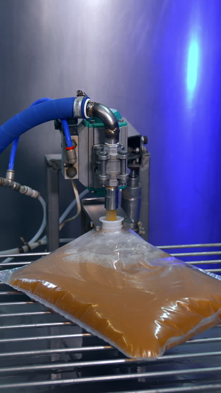 Freshly-made apple juice poured into the plastic bag. Packaging of organic product into a pack. Food factory worker takes the filled bag away. Vertical video