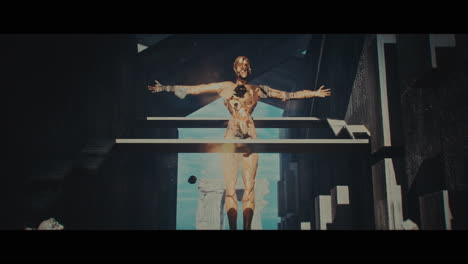 a woman in a surreal, post-apocalyptic corridor